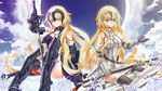  armor armored_dress blonde_hair blue_eyes boots breasts chain cleavage cross_akiha dual_persona elbow_gloves fate/apocrypha fate/grand_order fate_(series) gauntlets gloves headpiece jeanne_d'arc_(alter)_(fate) jeanne_d'arc_(fate) jeanne_d'arc_(fate)_(all) large_breasts long_hair md5_mismatch multiple_girls petals scabbard sheath sitting smile sword thigh_boots thighhighs very_long_hair weapon yellow_eyes 