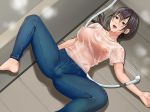  areolae barefoot bathroom bathtub black_eyes black_hair blush breasts denim feet floor from_above groin highres indoors inkey jeans large_breasts legs long_hair long_ponytail looking_at_viewer lying matching_hair/eyes nipples no_bra open_mouth original pants ponytail risou_no_oku-san_to!_shitaikoto,_zenbu see-through shower solo spread_legs steam thighs water wet wet_clothes 