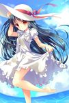  barefoot black_hair cloud day dress hand_on_headwear hat highres leg_up long_hair nametakenoko ocean orange_eyes original outdoors red_ribbon ribbon skirt_hold sky solo sun_hat water white_dress white_hat 