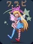  ;d american_flag_dress american_flag_legwear blonde_hair clownpiece fairy_wings fire hat highres jester_cap long_hair nikori one_eye_closed open_mouth pantyhose polka_dot purple_fire red_eyes round_teeth shirt short_sleeves smile solo star striped striped_legwear teeth torch touhou wings 