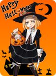  1girl bat black_legwear blonde_hair closed_mouth crescent_moon cross doll dress gradient_background hair_ornament halloween happy_halloween hat knife lenore lenore_lynchfast looking_at_viewer orange_background pumpkin ragamuffin simple_background skull smile soraxsky white_eyes witch_hat 