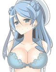  bad_id bad_twitter_id bare_shoulders beret blue_bra blue_eyes blue_hair blush bra breasts cleavage collarbone commentary_request double_bun eyebrows eyebrows_visible_through_hair hat kantai_collection large_breasts long_hair looking_at_viewer masupa_kiriu open_clothes open_shirt shirt solo underwear upper_body urakaze_(kantai_collection) white_background white_hat 
