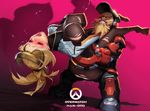  1girl absurdres bad_anatomy blonde_hair blush bodysuit boots bouncing_breasts breast_grab breasts clenched_teeth closed_eyes covered_nipples deep_skin grabbing grin groping han-0v0 hetero highres large_breasts mechanical_halo mercy_(overwatch) overwatch ponytail pussy_juice sex smile standing sweat teeth torbjorn_(overwatch) torn_bodysuit torn_clothes welding_mask 