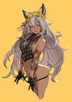  animal_ears black_gloves black_panties breasts covered_nipples dark_skin erune flower fox_ears gloves granblue_fantasy green_eyes grey_hair hair_flower hair_ornament head_wreath large_breasts long_hair nemone open_mouth panties panty_pull robo8 simple_background smile solo underwear yellow_background 