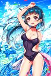  absurdres arm_up armpits bangs black_feathers black_swimsuit blue_hair bow bracelet breasts choker cleavage cloud cloudy_sky confetti day diffraction_spikes earrings feathers hair_feathers halterneck hand_on_own_head highres innertube jewelry large_breasts long_hair looking_at_viewer love_live! love_live!_sunshine!! medium_breasts navel ocean one-piece_swimsuit open_mouth outdoors purple_eyes side_bun side_cutout sky solo swimsuit tem10 tsushima_yoshiko water_drop 