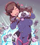  4boys animal_print bastion_(overwatch) belly blonde_hair bodysuit breasts brown_eyes brown_hair bunny_print d.va_(overwatch) explosion face_mask facepaint facial_mark gas_mask gun head_tilt headphones heart heart_hands hips hood humanoid_robot ibukichi indian_style junkrat_(overwatch) large_breasts long_hair looking_at_viewer mask mecha multiple_boys omnic one_eye_closed overwatch pilot_suit plump reaper_(overwatch) reinhardt_(overwatch) ribbed_bodysuit roadhog_(overwatch) robot shoulder_pads sitting skin_tight tattoo v weapon whisker_markings white_hair zenyatta_(overwatch) 