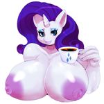  2016 anthro anthrofied areola big_breasts blue_eyes breasts bust_portrait cup equine eyelashes eyeshadow friendship_is_magic hair holding_object horn huge_breasts looking_at_viewer makeup mammal matospectoru my_little_pony nipples portrait purple_hair rarity_(mlp) simple_background solo unicorn white_background 