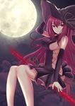  breasts cosplay detached_sleeves fate/grand_order fate_(series) flying full_moon gae_bolg halloween_costume hat highres kesoshirou large_breasts leonardo_da_vinci_(fate/grand_order) leonardo_da_vinci_(fate/grand_order)_(cosplay) long_hair looking_at_viewer moon purple_hair scathach_(fate)_(all) scathach_(fate/grand_order) sideboob sitting smile solo witch_hat 