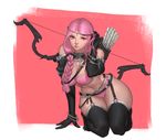 absurdres archery arm_support arrow bad_id bad_pixiv_id bangle bare_shoulders beads belt bikini black_footwear black_gloves black_legwear boots bow bow_(weapon) bracelet braid breasts circlet cleavage closed_mouth elf eyelashes full_body garter_belt gloves hair_over_shoulder hair_tucking highres jewelry kneeling large_breasts leaning_forward leaning_to_the_side lips long_hair looking_at_viewer navel original pink_bikini pink_bow pink_eyes pink_hair pointy_ears quiver red_background seung_mo_kim single_braid solo stomach swimsuit thigh_boots thighhighs underboob weapon 