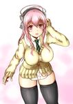  blush breasts commentary_request headphones highres kintsuba_(kintsuba_08) large_breasts long_hair looking_at_viewer necktie nitroplus open_mouth pink_eyes pink_hair skindentation smile solo super_sonico thighhighs 