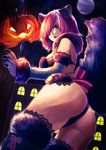  animal_ears ass backlighting black_panties breasts building cowboy_shot dangerous_beast dutch_angle elbow_gloves fate/grand_order fate_(series) from_behind from_below full_moon fur-trimmed_gloves fur-trimmed_legwear fur_trim gloves hair_over_one_eye halloween_costume jack-o'-lantern junhoka lace lace-trimmed_thighhighs large_breasts looking_at_viewer mash_kyrielight moon open_mouth outdoors panties pumpkin purple_eyes purple_hair revealing_clothes short_hair solo standing tail thighhighs underwear wolf_ears wolf_tail 