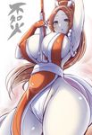  1girl bare_legs bare_shoulders breasts brown_hair cameltoe cleavage curvy fatal_fury female huge_breasts legs leotard long_hair long_ponytail looking_at_viewer nipples ponytail shiny_skin shiranui_mai solo standing the_king_of_fighters wakame 