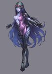  absurdres alternate_hairstyle bodysuit breasts center_opening drogod hair_down highres large_breasts long_hair overwatch pink_bodysuit plunging_neckline purple_hair purple_skin smile solo very_long_hair visor widowmaker_(overwatch) yellow_eyes 