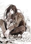  black_hair danganronpa formal indian_style kamukura_izuru long_hair male_focus messy_hair monochrome sitting solo spoilers suit very_long_hair yubari zettai_zetsubou_shoujo 