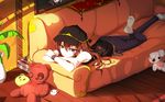 bai_yemeng black_shirt brown_eyes brown_hair chinese_commentary commentary_request couch denim earrings hair_between_eyes hat heart highres indoors jewelry long_hair looking_at_viewer lying on_stomach original shirt smile socks solo stuffed_animal stuffed_toy teddy_bear 