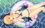  afloat ahoge artoria_pendragon_(all) bakanoe bikini blonde_hair breasts cleavage fate/grand_order fate/unlimited_codes fate_(series) from_above green_eyes highres innertube looking_up lying medium_breasts midriff navel on_back parted_lips partially_submerged ponytail saber saber_lily solo swimsuit water wet white_bikini 