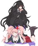  1girl bad_id bad_pixiv_id black_hair boots breasts cleavage closed_eyes danganronpa danganronpa_3 double_v enoshima_junko grin hair_ornament kamukura_izuru large_breasts long_hair nail_polish okuragon pink_hair sleeves_rolled_up smile spoilers stepped_on twintails v 