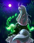  bamboo bamboo_forest bare_shoulders breasts cowboy_shot doramo dress ex-keine eyes forest from_behind full_moon glowing green_dress green_eyes hair_over_breasts hakutaku highres horns kamishirasawa_keine large_breasts long_hair looking_at_viewer looking_back monster_girl moon multicolored_hair nature night night_sky off_shoulder parted_lips petticoat scroll sidelocks silver_hair sky solo tail third_eye touhou two-tone_hair undressing yellow_eyes 