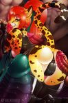  2016 anthro balls butt camel_toe cheetah clothed clothing english_text feline female fur hair hi_res kneeling long_hair looking_at_viewer looking_back male mammal penis ponytail raised_tail rear_view red_hair rubber signature spots text valkoinen white_fur yellow_fur 