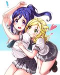  2girls :3 :o absurdres black_legwear blonde_hair blue_hair blush braid breast_grab breasts brown_footwear crown_braid grabbing grabbing_from_behind hair_rings heart highres kneehighs long_hair looking_at_another love_live! love_live!_sunshine!! matsuura_kanan multiple_girls neckerchief ohara_mari pleated_skirt ponytail purple_eyes school_uniform serafuku shoes short_sleeves sidelocks skirt tem10 uranohoshi_school_uniform v-shaped_eyebrows yuri 