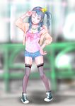  1girl ;p bare_shoulders blush bow child female full_body hair_bow hair_ornament hatsutonegitoro jacket jewelry long_sleeves looking_at_viewer necklace one_eye_closed original shiny shiny_skin shoes short_shorts side_ponytail solo standing tanktop tongue tongue_out v 