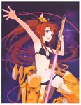  absurdres arm_up armor armored_boots armpits bare_shoulders bikini black_bikini blue_eyes boots breasts brown_hair cleavage energy_blade energy_sword floating_hair front-tie_top hair_ornament halter_top halterneck highres holding holding_sword holding_weapon kuroboshi_kouhaku long_hair lowleg lowleg_bikini million_arthur_(series) navel open_mouth outline ponytail red_hair scan small_breasts smile solo space strap_gap swimsuit sword very_long_hair weapon wire 