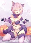  animal_ears bangs bare_shoulders black_panties blush breasts cleavage commentary dangerous_beast deru06 fate/grand_order fate_(series) fingernails fur fur_trim gloves hair_over_one_eye halloween_costume highres jack-o'-lantern kneeling lace lace-trimmed_thighhighs large_breasts long_fingernails looking_at_viewer mash_kyrielight navel o-ring o-ring_top open_mouth panties purple_eyes purple_gloves purple_hair purple_legwear short_hair solo tail thighhighs underwear wolf_ears wolf_tail 