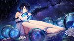  ankle_ribbon bad_id bad_pixiv_id bare_legs barefoot benghuai_xueyuan black_hair closed_eyes collarbone dress eyelashes feet flower hug lotus moxi_(13286123402) rain ribbon seele_vollerei short_hair sitting solo toes 