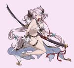  alternate_costume bare_shoulders bikini blue_eyes braid breasts cleavage draph granblue_fantasy hair_ornament hair_over_one_eye high_heels horns katana large_breasts lavender_background lavender_hair long_hair looking_at_viewer mouth_hold narmaya_(granblue_fantasy) navel pointy_ears ribbon robo8 shoes sideboob simple_background smile solo swimsuit sword thigh_strap underboob very_long_hair weapon white_bikini 