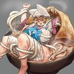  aburaage animal_ears bangs blonde_hair blush breasts brown_eyes chanta_(ayatakaoisii) commentary_request dress entangled food fox_ears hat highres huge_breasts in_bowl in_container in_food kitsune_udon minigirl noodles pillow_hat restrained short_hair solo steam tabard tentacles tentacles_under_clothes touhou udon white_dress yakumo_ran 