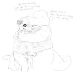  animal_genitalia balls blush bottomless clothed clothing crocodile crocodilian dialogue docking duo english_text erection face_to_face greyscale hug male male/male mammal marsupial monochrome opossum overweight overweight_male penis precum reptile rohly scalie sheath shirt side_view standing sweat tank_top text wet wet_shirt 