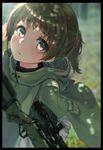  black_border blush bolt_action border brown_hair dappled_sunlight gun hand_on_own_head headset highres looking_at_viewer looking_up military oota_youjo original poncho purple_eyes rifle scope scrunchie short_ponytail sniper sniper_rifle solo sunlight weapon 
