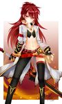  2016 asymmetrical_gloves asymmetrical_legwear black_gloves black_legwear blazing_heart_(elsword) breasts cleavage coat collarbone dated elesis_(elsword) elsword fingerless_gloves gloves groin hair_between_eyes high_ponytail highres jewelry long_hair looking_at_viewer meow navel necklace orange_eyes red_hair signature small_breasts solo thighhighs 