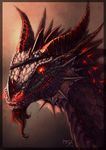  2016 begasuslu big_teeth dragon feral glowing glowing_eyes grey_scales horn portrait red_eyes scales scalie solo 