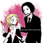  1boy 1girl black_hair blonde_hair blood blue_eyes collared_shirt copyright_name fang formal hair_ornament knife lenore lenore_lynchfast necktie negura_(yamadori) one_eye_closed open_mouth ragamuffin red_eyes simple_background skull suit upper_body weapon white_skin 