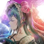  abstract_background alternate_costume aqua_hair backlighting bonnet closed_eyes closed_mouth collarbone dated earrings flower frills hair_flower hair_ornament hatsune_miku jewelry kleinlight light_particles long_hair portrait profile signature smile solo twintails vocaloid 