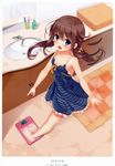  absurdres barefoot bathroom bathroom_scale blue_eyes blush brown_hair collarbone dress fujieda_uzuki highres long_hair open_mouth pointing solo striped striped_dress twintails weighing_scale 
