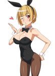  animal_ears blonde_hair blown_kiss bow bowtie breasts bunny_ears bunnysuit cleavage covered_nipples detached_collar large_breasts one_eye_closed original pantyhose ra-pen red_eyes short_hair solo standing wrist_cuffs 
