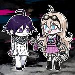  1girl arms_behind_back blonde_hair blue_eyes boots checkered checkered_scarf chibi danganronpa fanta garters goggles goggles_on_head iruma_miu long_hair lowres mechanical_arm new_danganronpa_v3 ouma_kokichi purple_eyes purple_hair scarf school_uniform serafuku shimada_(dmisx) short_hair smile straitjacket 