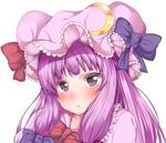  :/ bangs blue_bow blunt_bangs blush bow bowtie closed_mouth commentary_request crescent frills hat hat_bow long_hair looking_at_viewer mob_cap patchouli_knowledge portrait purple_eyes purple_hair red_bow red_neckwear sidelocks solo touhou white_background wildcat_(kusonemi) 
