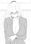  1girl absurdres bangs_pinned_back blush breast_suppress breasts cleavage commentary english_commentary glasses highres implied_sex inne_sulistya_robin long_hair monochrome no_bra norman_maggot open_clothes open_shirt original solo sweat 