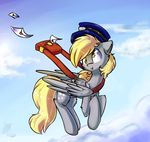  blonde_hair cutie_mark day derpy_hooves_(mlp) equine feathered_wings feathers female feral flying friendship_is_magic fur grey_feathers grey_fur hair hat hi_res mail mammal my_little_pony outside pegasus solo suplolnope wings yellow_eyes 
