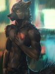  5_fingers anthro black_fur black_nose brown_fur canine clothed clothing day dog eyes_closed fur koul male mammal outside raining solo topless water wet 