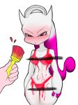  1girl animal_ears arms_at_sides blush bodypaint breasts brush cat_ears closed_mouth collarbone cowboy_shot creatures_(company) disembodied_limb embarrassed female fufucatu full-face_blush game_freak gen_1_pokemon half-closed_eyes holding legs_together medium_breasts mega_mewtwo_y mewtwo navel nintendo nipples nose_blush nude paint paintbrush painted_clothes personification pokemon pokemon_(creature) pussy red_eyes simple_background solo standing textless transparent_censoring white_background 