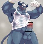  abs anthro balls blush bovine cattle clothed clothing colored erection grey_background male mammal muscular pecs penis simple_background solo tamura_kazumasa 