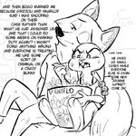  2016 angry anthro black_and_white buckteeth canine clothed clothing dialogue disney duo eating english_text female fox hug judy_hopps lagomorph male mammal monochrome nick_wilde open_mouth rabbit replytoanons sitting tears teeth text zootopia 