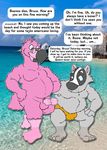  anthro avian badger balls beach beak bird black_fur briefs bruce_(brucebadger) brucebadger bulge clothing duo english_text feathers flamingo fur grey_fur looking_at_penis male male/male mammal mature mustelid overweight penis pink_feathers presenting rosie_(brucebadger) seaside spanish_text spectacles speech_bubble text translation_request underwear 