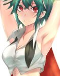  :/ adapted_costume alternate_eye_color armpits arms_up bare_arms bifrst breasts cape cleavage closed_mouth commentary crop_top green_hair highres large_breasts looking_at_viewer older red_eyes shirt short_hair sideboob sketch sleeveless sleeveless_shirt solo sweat touhou upper_body white_background white_shirt wriggle_nightbug 