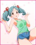  1girl absurdres ahoge armpits asanaya bangs bare_shoulders blue_shorts border bra breasts commentary curly_hair drawstring eyebrows_behind_hair forehead green_bra green_hair green_tank_top hair_ribbon hands_up highres idolmaster idolmaster_million_live! idolmaster_million_live!_theater_days leg_up looking_at_viewer medium_breasts medium_hair multicolored multicolored_bra multicolored_clothes open_mouth parted_bangs pink_background pink_border polka_dot_ribbon red_ribbon ribbon short_shorts shorts sideboob star starry_background thighs tokugawa_matsuri twintails twintails_day two-tone_background underwear white_background white_bra 