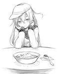  anchor_symbol blush chin_rest food gou_(double_trigger) greyscale hair_between_eyes hammer_and_sickle hands_on_own_cheeks hands_on_own_face hat head_tilt hibiki_(kantai_collection) kantai_collection long_hair looking_at_viewer monochrome open_mouth school_uniform simple_background sitting sketch solo spoon uniform verniy_(kantai_collection) white_background 